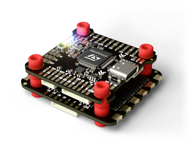 Fiodel F405 + 4-in-1 ESC stack — rear left view
