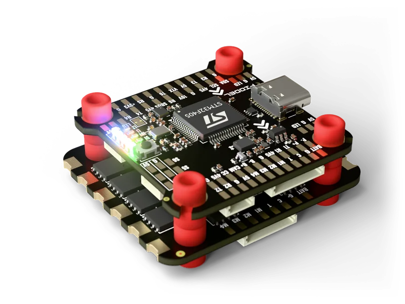 Fiodel F405 + 4-in-1 ESC stack — rear right view