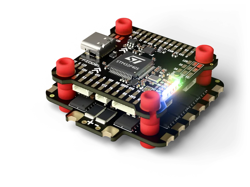 Fiodel F405 + 4-in-1 ESC stack — front right view
