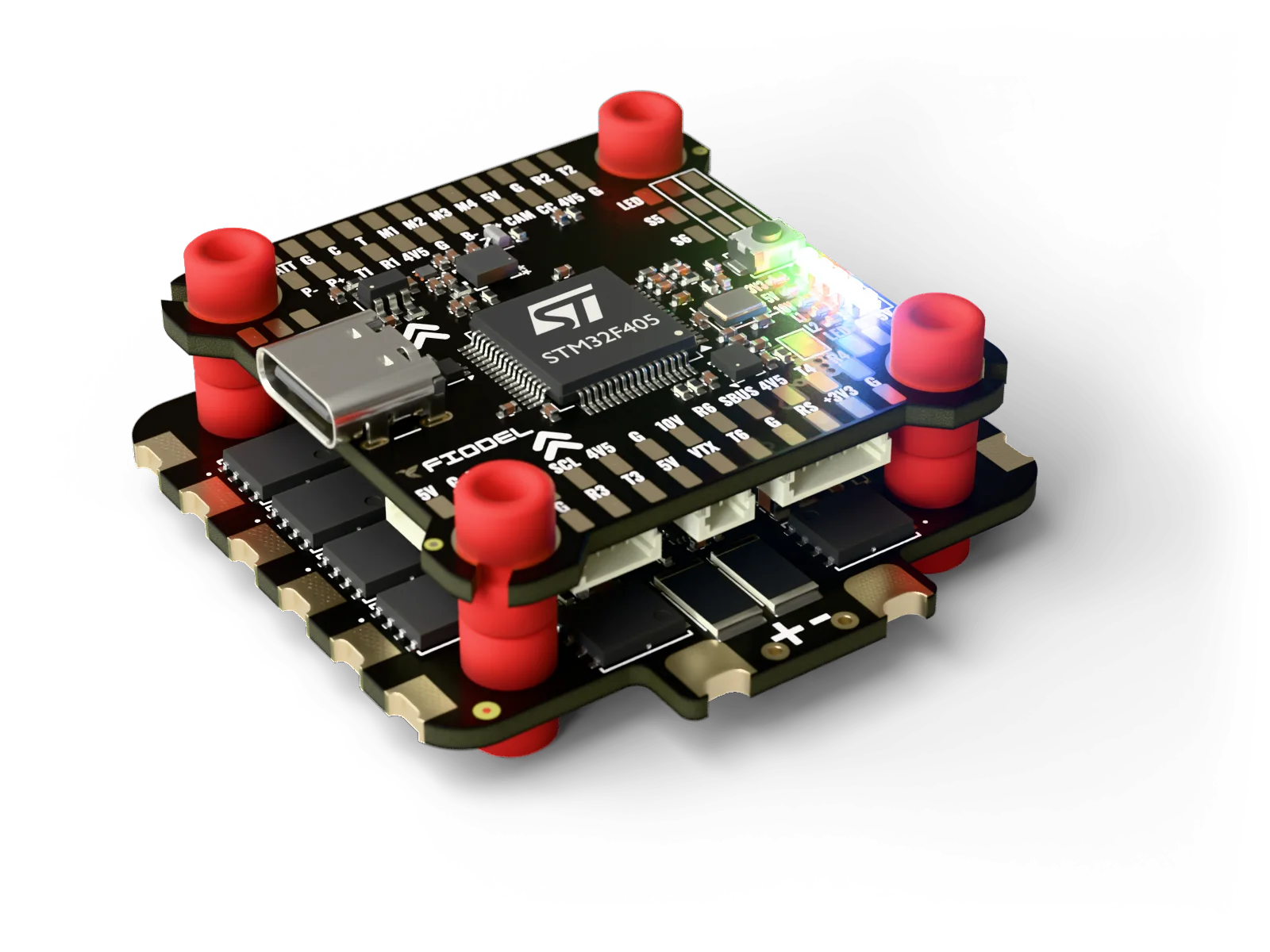 Fiodel F405 flight controller mounted above the Fiodel 4-in-1 ESC on rubber grommets