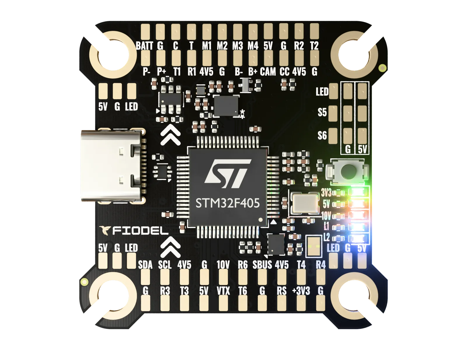 Fiodel F405 Flight Controller — top view of the assembled board