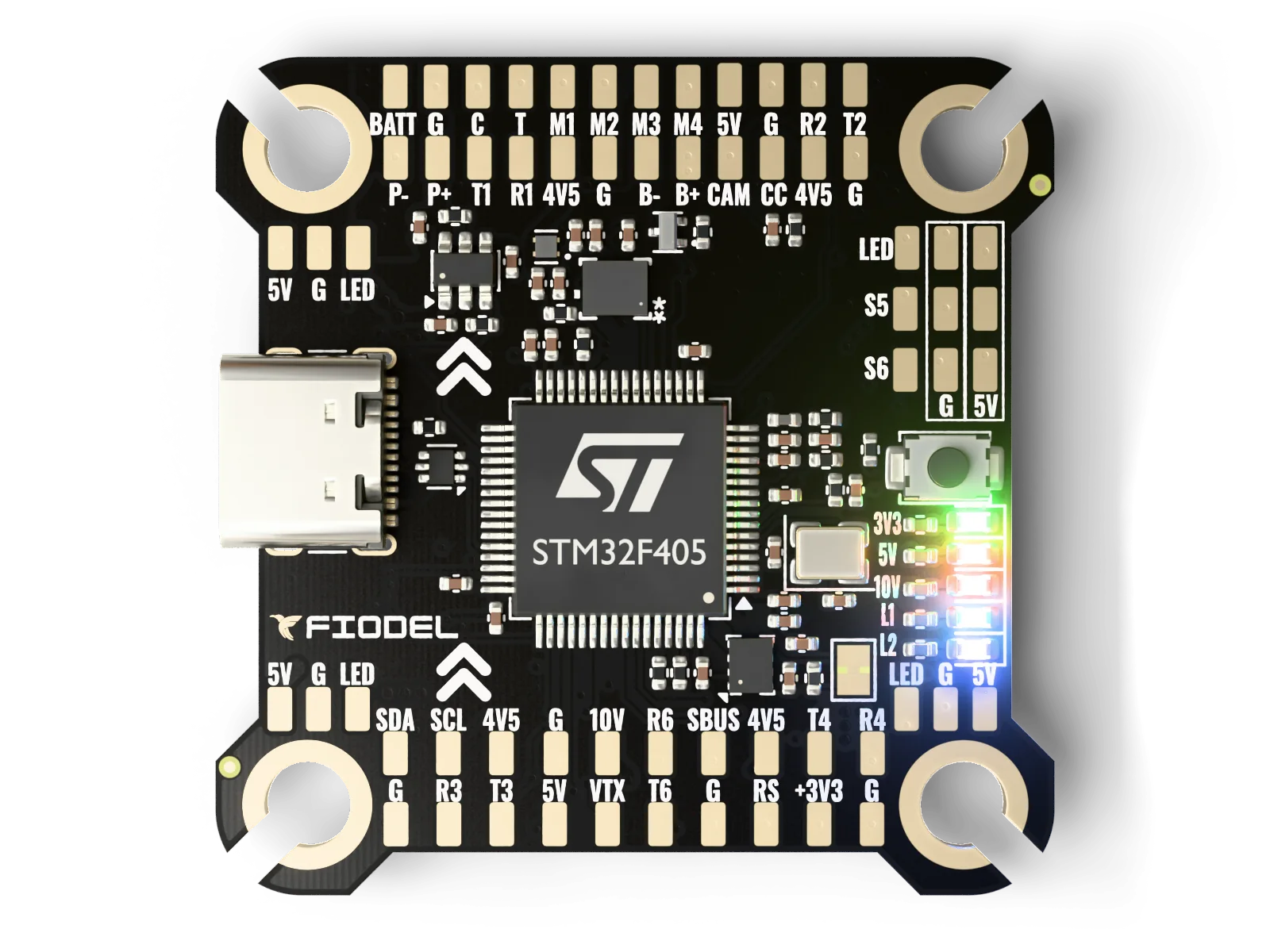 Fiodel F405 Flight Controller — top view of the assembled board